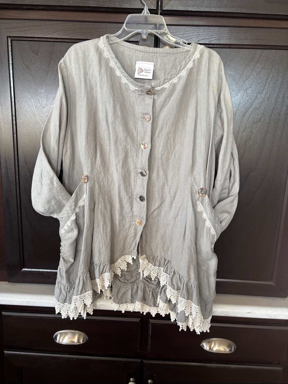 Gray Linen Lace-Trim Button Front blouse